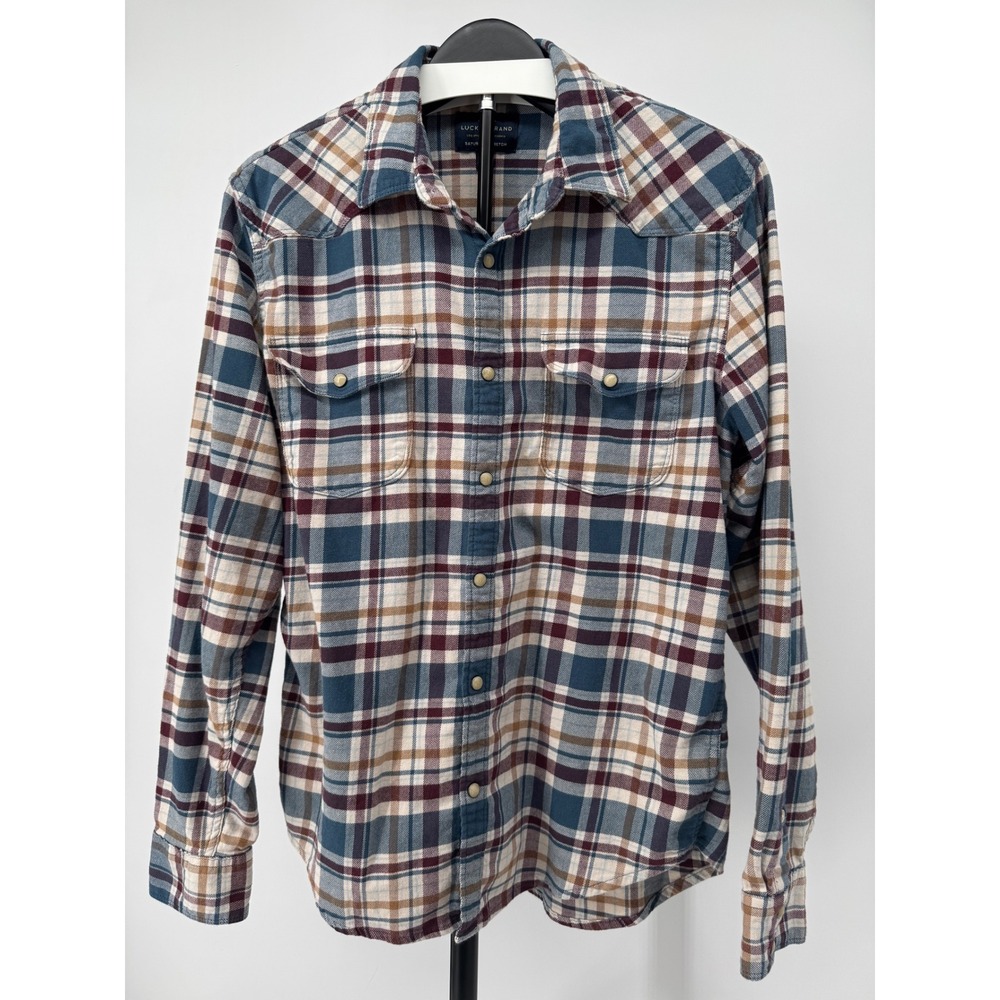 Lucky Brand Saturday Stretch Mens Plaid Western Snap Button Down Shirt Medium